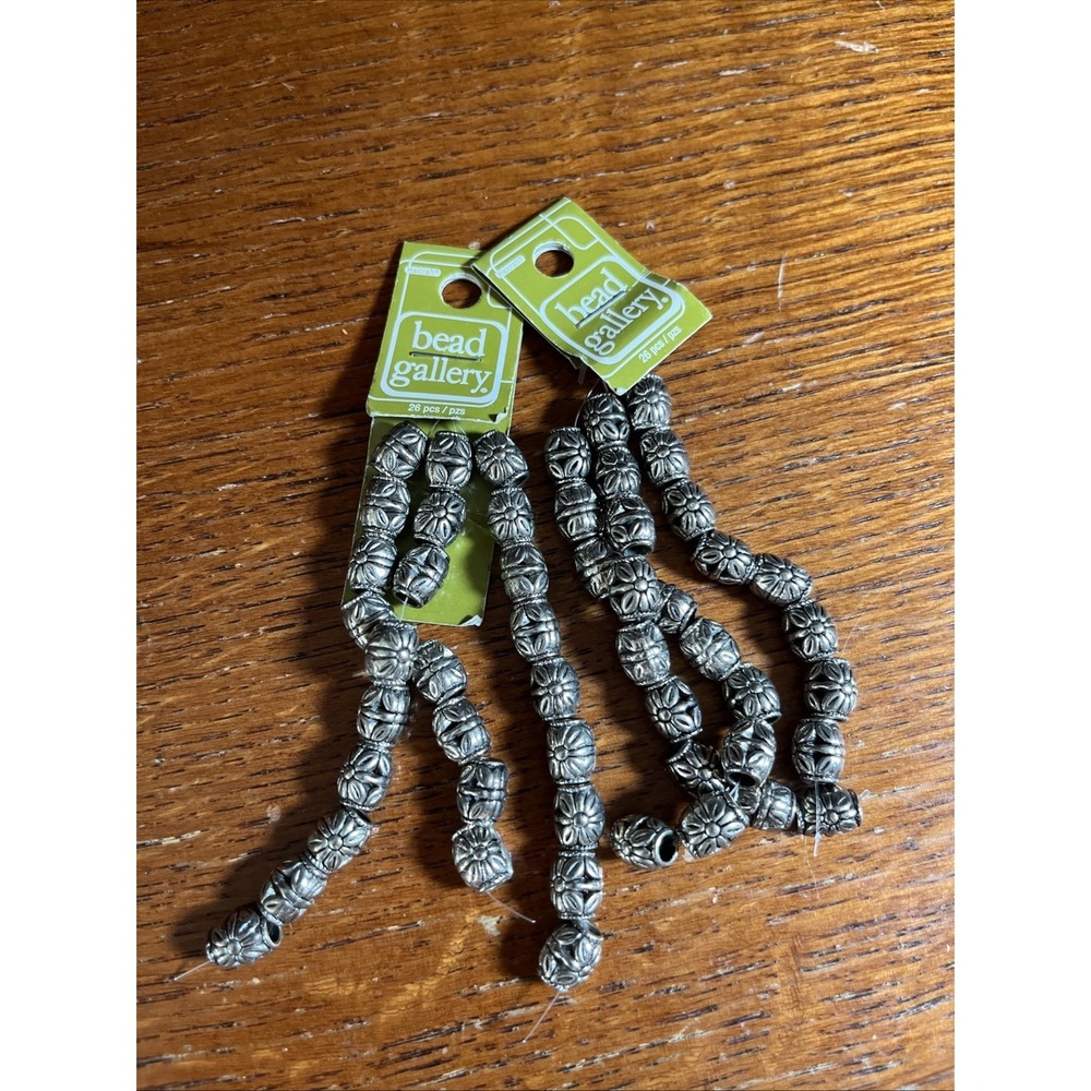 2 Strings Bead Gallery Antique Silver Plated Floral Barrel 9x10mm 26 pc each NIP